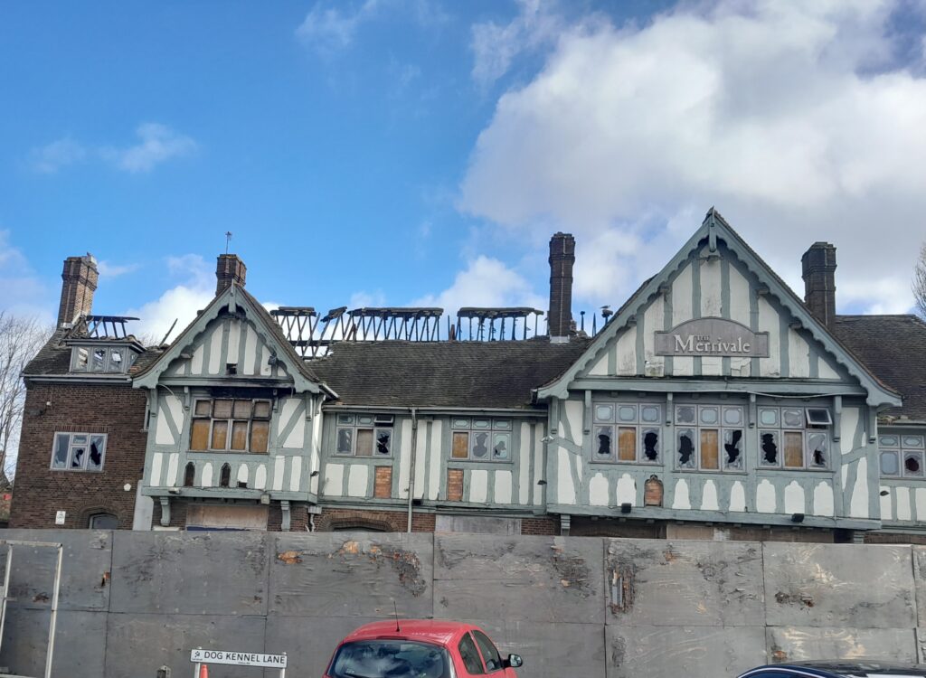 Photo of burntout shell of the former Merrivale pub.